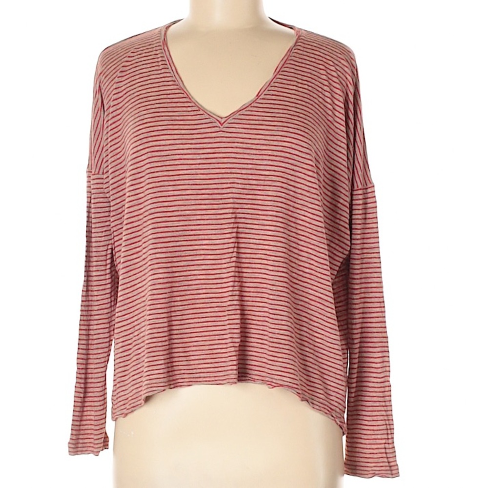 Madewell Red & Grey Striped Long Sleeve V Neck Top